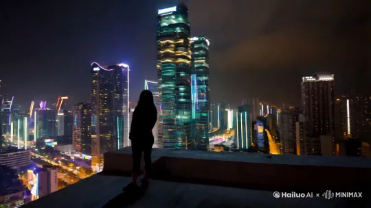 高楼林立的城市，霓虹灯闪烁，车流穿梭，孤独的身影站在天台上。 by Hailuo AI Video Generator