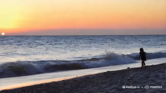 夕阳西下，海浪拍打着沙滩，远处海天一色，孤独的身影漫步在沙滩上。 by Hailuo AI Video Generator