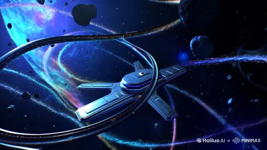 广角俯视深空星云，暗蓝色小行星带环绕空间站，全息投影“诱导已亮”红色警告文字悬浮闪烁，伴随低频电磁嗡鸣音效[5](https://docs.feishu.cn/v/wiki/M87fwOg0riXvv0k9V1XcXgWin0d/a7)；
风格=硬核科幻+赛博朋克（参考《星际迷航》舰船设计[4](https://bbs.csdn.net/topics/619289465)）  
特效层级=空间撕裂+色相差分离+引力场碎石尘埃（需启用多层扭曲滤镜[3](https://new.qq.com/rain/a/20240913A07YFZ00)）  
文字生成=颜体书法+贝塞尔曲线轨迹（用于收尾字幕[6](http://cmb.shcm.gov.cn/html/2025-01/15/content_20982_18189203.htm)） by Hailuo AI Video Generator