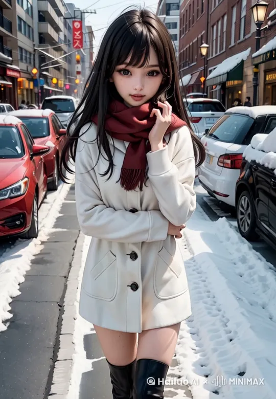镜头围绕一个年轻的亚洲女孩,有着长长的黑发和蓝色的眼睛,穿着棕色的夹克,黑色的短裙没有穿袜子和黑色的靴子,走在下雪的城市街道上 镜头从脚上升到脸。她有一个可爱 天真的表情,米色围巾包裹在她的脖子。背景是白雪覆盖的人行道、建筑物和一些行人。图像是一个柔和的,自然光的高质量的照片,阳光从云层照射在女孩身上 by Hailuo AI Video Generator