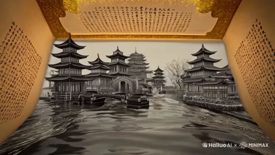 超广角镜头，8K分辨率，水墨画风格，古旧宣纸缓缓展开，鎏金边框微微发光中心景观：水墨晕染的江南水乡，飞檐翘角建筑群三维具象化伴随金色粒子特效，石拱桥从笔触结晶成形。动态元素：水墨河流呈现水银质感，乌篷船随涟漪倒影漂移，书法笔触风卷起樱花旋舞)特效：建筑轮廓脉动极光金辉，半透明绢纱叠加梦幻氛围，墨色颜料升华为发光星尘。镜头运动：航拍视角环绕画卷同时推进维度转换，2D绘画与3D实景产生动态视差 by Hailuo AI Video Generator