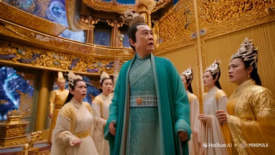 惊动高天上圣大慈仁者玉皇大天尊玄穹高上帝，驾座金阙云宫灵霄宝殿，聚集仙卿，见有金光焰焰，即命千里眼、顺风耳开南天门观看。 by Hailuo AI Video Generator