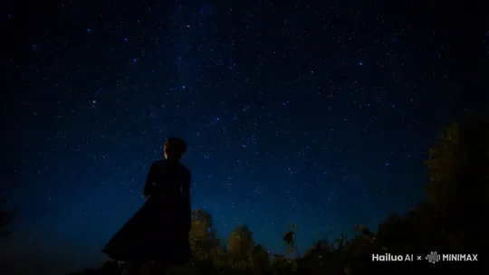主角在星空下旋转慢慢回忆过往， by Hailuo AI Video Generator