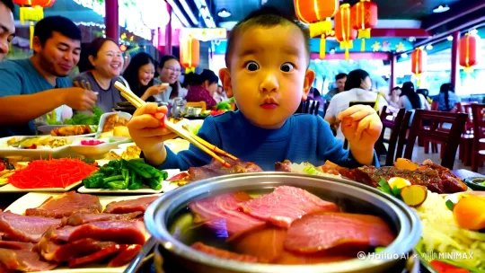 ### 30秒小哪吒吃潮汕牛肉火锅视频脚本

#### **场景设定：**
- **背景：** 热闹的潮汕牛肉火锅店，桌上摆满了新鲜的牛肉片、各式配菜和热气腾腾的火锅。小哪吒坐在桌前，面前放着一盘盘切得薄如蝉翼的牛肉。

#### **镜头1：**
- **画面：** 小哪吒手持筷子，盯着火锅，眼神充满期待。
- **台词（画外音）：** "潮汕牛肉，还是得潮牛行动！"

#### **镜头2：**
- **画面：** 小哪吒迅速夹起一片牛肉，在火锅中轻轻一涮，牛肉瞬间变色。
- **台词（画外音）：** "新鲜牛肉，涮几下就熟，嫩滑爽口！"

#### **镜头3：**
- **画面：** 小哪吒将涮好的牛肉蘸上特制酱料，放入口中，脸上露出满足的微笑。
- **台词（画外音）：** "这口感，这味道，简直让人停不下来！"

#### **镜头4：**
- **画面：** 小哪吒一边吃一边点头，旁边的小伙伴们也纷纷加入，一起享受美食。
- **台词（画外音）：** "潮汕牛肉，还是得潮牛行动！"

#### **镜头5：**
- **画面：** 镜头拉远，展示整个火锅店的热闹场景，大家都在开心地吃火锅。
- **台词（画外音）：** "潮牛行动，带你体验最地道的潮汕牛肉火锅！"

#### **结尾：**
- **画面：** 小哪吒举起一杯饮料，笑着对镜头说。
- **台词：** "潮汕牛肉，还是得潮牛行动！"

#### **视频结束，屏幕上出现文字：**
- **文字：** "潮牛行动，潮汕牛肉火锅，美味不容错过！"

### 视频时长：30秒

### 备注：
- **背景音乐：** 欢快、热闹的潮汕音乐，增强视频的趣味性和吸引力。
- **色彩：** 鲜艳明亮，突出火锅的美味和热闹的氛围。

这个视频脚本旨在通过小哪吒的形象和潮汕牛肉火锅的美味，吸引观众并传达“潮牛行动”的品牌信息。 by Hailuo AI Video Generator