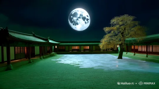 中国传统水墨画风格，以唐朝为背景，中秋夜晚，以唐朝长安的庭院为背景，地面铺着青砖，四周有矮墙环绕，墙角几株桂花树影影绰绰 。今夜明月当空，巨大的满月如银盘高悬，散发清冷光辉，照亮整个庭院，月光如水倾洒在庭院中，庭院中月光如水，地面仿若铺着一层白霜，银白清冷 庭院中镜头拉近，庭院中央，地面被月光照得银白一片，仿佛铺上了一层薄霜。一棵高大的桂花树矗立在庭院中，树影婆娑。画面转向庭院角落的桂花树，桂花树上挂满了金黄的小花，在微风中轻轻摇曳。[右移][跟随]庭院中，人们陆续走出房间，有的手中拿着蒲扇，有的牵着孩子，他们纷纷抬头望向那高悬在天空的明月。高清，8k by Hailuo AI Video Generator