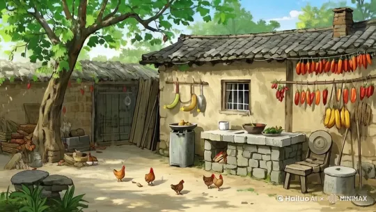 树叶随风飘动，地上的鸡在走动，远方天上的云在飘动 by Hailuo AI Video Generator