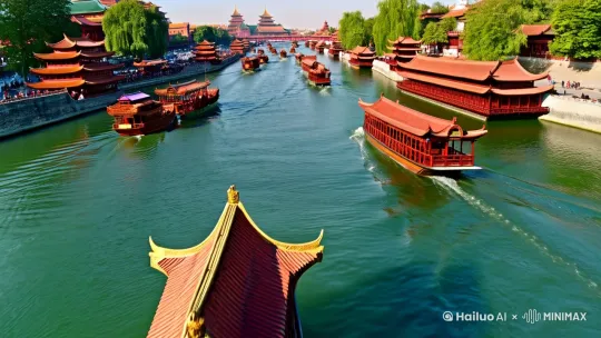 明清时期，京杭大运河漕运繁华场景[推进,上升] by Hailuo AI Video Generator