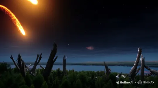 天空中有流天空中有流星群陨落，地球表面撞击的坑坑洼洼，森林的树木折断，湖面泛起巨大的涟漪，火山口被砸的不成样子，岩浆在滚滚的流出，熊烟滚滚，动物和人们正在争先恐后的逃跑 by Hailuo AI Video Generator