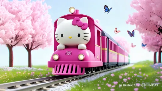 梦幻般的儿童绘本风格动画，Hello Kitty主题的粉色蒸汽火车缓缓驶过铁轨，周身装饰着心形和蝴蝶结图案，车头上Hello Kitty的标志笑容可掬。火车穿梭在一片粉嫩的樱花林中，花瓣随风轻舞，仿佛置身仙境。蝴蝶环绕飞翔，草地上点缀着五彩斑斓的小花，生机勃勃。明媚的阳光洒落，天蓝如洗，营造出一派春日的温馨与欢乐。远景追踪镜头捕捉火车前行的轨迹，每帧都如同一幅精美的插画。 by Hailuo AI Video Generator
