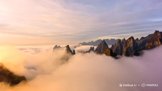 【开场镜头】（5秒）
镜头穿透流动的云海，晨光在薄雾中晕染出金色光斑，陡峭的岩壁如水墨画卷般浮现。
旁白："在海拔千米的云雾秘境，岩石的棱角正托起一场生命的奇迹"

【主体镜头】（8秒）
特写：一株素白兰花从岩缝中斜逸而出，晨露在细长叶片上滚动，花瓣随山风轻颤。
中景：两只蓝斑凤蝶逆着气流靠近，鳞翅在逆光中闪烁虹彩，蜂鸟鹰蛾悬停吸食花蜜。
旁白："无需沃土滋养，它的根系在裂隙里编织生存密码，每缕风都携来授粉者的密语"

【动态镜头】（6秒）
慢动作：蝴蝶振翅时抖落的鳞粉与山雾交融，背景虚化的深谷中云浪翻涌如潮。
字幕特效："露重难折君子骨 风疾犹送暗香来"

【收尾镜头】（5秒）
大全景：悬崖在云海中若隐若现，兰花化作青色光点消散，引出LOGO或文字标语。
旁白："有些绽放不为被看见，只为完成与苍穹的千年契约" by Hailuo AI Video Generator