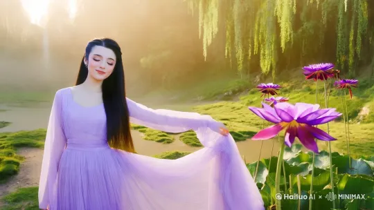 一位身着淡紫色长裙的少女,站在阳光洒落的山谷中。她的乌黑长发如瀑布般垂下,发梢在微风中轻轻飘扬。她微微闭着眼睛,脸上带着淡淡的微笑,仿佛在感受着清晨的宁静。阳光透过薄雾,洒在她身上,为她镀上一层金色光晕,显得清雅而脱俗。她缓缓睁开眼睛,灵动的眼眸中闪烁着光芒。她轻抬手臂,纤细的手指轻轻触摸着身旁的一朵野花,动作温柔而优雅。微风拂过,她的裙摆轻轻飘动,如同一朵随风摇曳的紫莲。她微微一笑,转身向山谷深处走去,每一步都轻盈而从容,仿佛她的脚步从未真正触碰过大地。她的身影在山谷中渐行渐远,最终融入一片朦胧的晨雾之中,仿佛她从未真正来过,却又无处不在。整体画面风格为玄幻修真风,画面清晰,细节丰富,光影柔和,营造出一种宁静而美好的氛围。 by Hailuo AI Video Generator