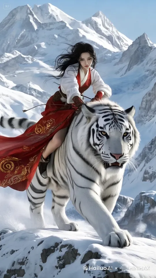 女孩骑着白虎在雪山走，漫天风雪，镜头旋转推进 by Hailuo AI Video Generator