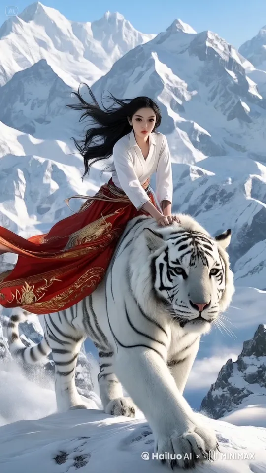 女孩骑着白虎在雪山走，漫天风雪，镜头旋转推进 by Hailuo AI Video Generator