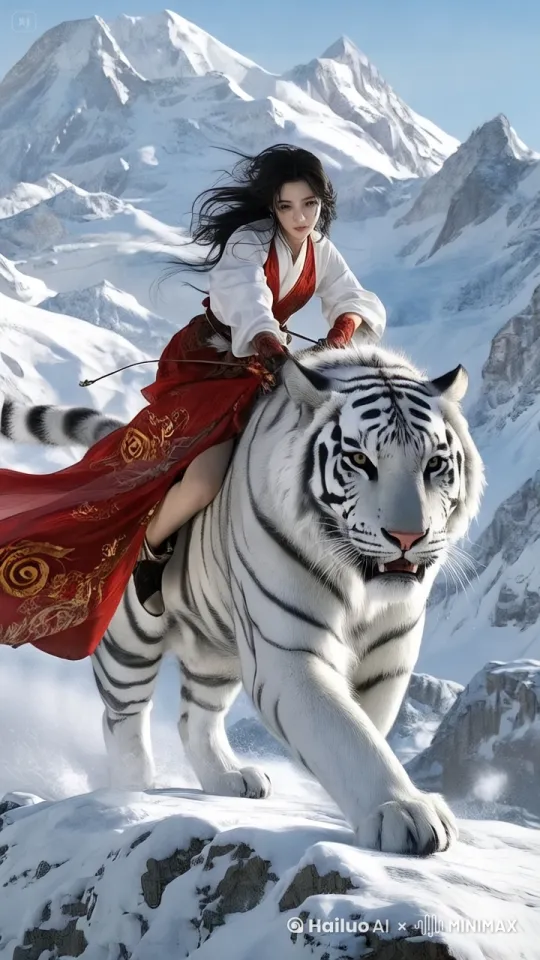 女孩骑着白虎在雪山走，漫天风雪，镜头旋转推进 by Hailuo AI Video Generator