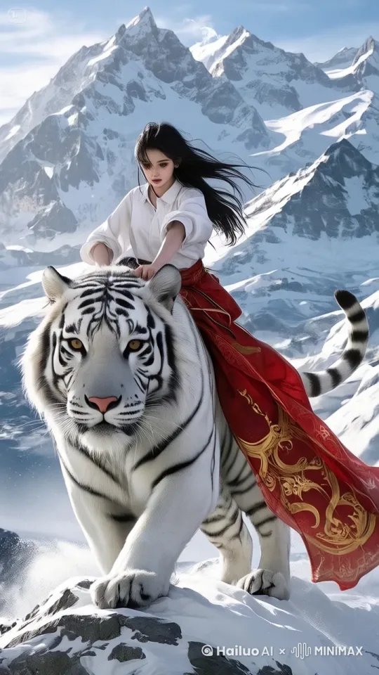 女孩骑着白虎在雪山走，漫天风雪，镜头旋转推进 by Hailuo AI Video Generator