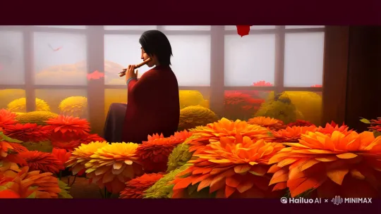 秋季诗词• 背景：橙色和黄色为主色调，搭配红枫、菊花。表达风吹落叶我吹箫，独坐寒窗思绪飘意境 by Hailuo AI Video Generator