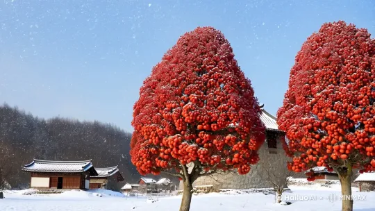初冬、天空飘看雪花，村头的两棵柿子树枝丫间稀疏地挂着又红又大的柿子，三二小童雪中追逐嬉戏，一派温馨祥和家园景象！自然风光，写实风格，高清图像！ by Hailuo AI Video Generator