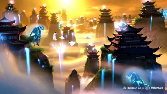 0-2秒 高空震撼开场
提示词:"aerial view of majestic immortal mountain with floating palaces, swirling clouds, golden sunlight piercing through mist, ancient Chinese architecture with glowing talismans, divine beasts circling peaks, epic composition, ultra-detailed 8k, fantasy art style by Yang Ming and WLOP"
2-4秒 御剑飞行特写
提示词:"three daoist cultivators in flowing white hanfu riding glowing swords through mountain peaks, dynamic wind effects on robes, energy trails behind blades, snow-capped peaks in background, morning mist, cinematic angle from below, digital painting style with cel-shading"
4-6秒 宗门广场近景
提示词:"grand immortal sect entrance with 100-meter stone monument, glowing sect insignia, jade pillars with dragon carvings, disciples practicing sword formations, floating lanterns in twilight, intricate architectural details, volumetric light beams, Unreal Engine 5 hyperrealism"
6-8秒 妖兽攻城全景
提示词:"ancient city gate under siege, 30-meter three-tailed fire fox battling armored guards, flying qilin spitting lightning, crowd fleeing from giant centipede demon, burning market stalls, dynamic battle composition, dramatic chiaroscuro lighting, fantasy realism style"
8-10秒 飞船决战收尾
提示词:"massive jade airship firing energy cannons, celestial barrage piercing dark clouds, cultivators leaping into battle with glowing weapons, falling demonic creatures disintegrating, epic scale contrast between ship and mountain range, golden hour lighting, cinematic wide shot" by Hailuo AI Video Generator