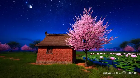 生成一个农村田园风视频，场景是一个砖瓦房，旁边有个开花的桃树，夜晚时分，星空当照，隔壁池塘蛙声一片，开满荷花 by Hailuo AI Video Generator