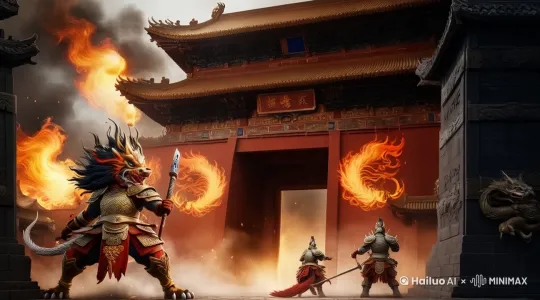 "ancient city gate under siege, 30-meter three-tailed fire fox battling armored guards, flying qilin spitting lightning, crowd fleeing from giant centipede demon, burning market stalls, dynamic battle composition, dramatic chiaroscuro lighting, fantasy realism style" by Hailuo AI Video Generator
