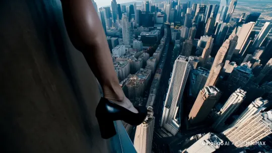 中景[下降,上摇]拍摄，主观镜头（POV Shot），模拟第一视角，一个女子看到自己的脚部，黑色皮鞋特写，站在88层高楼的边缘，脚下是深不见底的城市街道，仿佛蹦极的视角，让人触目惊心，灾难般的阴沉的天空，下起了雨，增强代入感或紧张感。好莱坞风格，4k影像 by Hailuo AI Video Generator