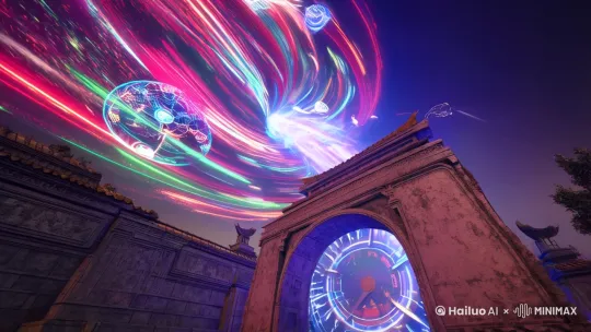 **0-2秒 时空漩涡开启**  
`提示词：`  
"neon spacetime vortex tearing reality, ancient stone archway merging with cyberpunk data streams, holographic clock fragments floating, intense gravitational distortion effect, cinematic wide shot with fisheye lens, hyperrealistic Unreal Engine 5 rendering"  

**2-4秒 三大时空爆发**  
`分镜组：`  
1. **青铜王朝**："Shang Dynasty altar with bronze zun vessels, oracle bone script glowing red, ritual dancers in feathered costumes, giant ceremonial drums with cosmic patterns"  
2. **赛博长安**："Neon-lit Tang Dynasty street with holographic lanterns, robot monks chanting digital sutras, floating calligraphy drones, glitched terracotta warriors"  
3. **星际敦煌**："Floating Mogao Grottoes in space, astral projection murals, quantum silk road spaceships, monks in zero-gravity hanfu"  
`运镜：`粒子分裂式三屏动态拼接  

**4-6秒 文明碰撞焦点**  
`提示词：`  
"close-up of three hands crossing through dimensions - armored warrior holding jade bi, cyborg hand with qinghua porcelain circuits, astronaut glove projecting Dunhuang flying apsaras, energy collision creating cultural relic fragments, 8k macro photography with chromatic aberration"  

**6-8秒 悖论奇观**  
`提示词：`  
"impossible architecture blending palace dougong brackets with quantum supercomputers, digital Longshan black pottery generating force fields, star map silk scrolls controlling holograms, Dutch angle shot with intense perspective distortion"  

**8-10秒 时空定格**  
`提示词：`  
"freeze-frame of three civilizations forming yin-yang-taiji symbol, cultural elements pixelating into blockchain patterns, epic explosion frozen in crystal with chinese seal carving titles, cyber-ink splash transition" by Hailuo AI Video Generator