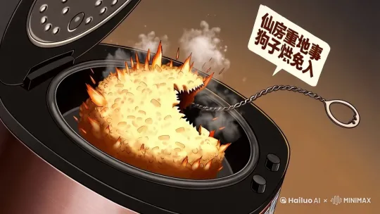 "镜头3（13-20秒）": {
    "高潮设计": "引发小型炼丹炉爆炸，烟雾中浮现灶神幻影扶额摇头",
    "收尾彩蛋": "焦黑料理竟被路过太乙真人点赞'有创意！'"
  }
"意外事件": [
    "20%概率触发隐藏剧情：狗粮自动投喂器反叛"
  ] by Hailuo AI Video Generator