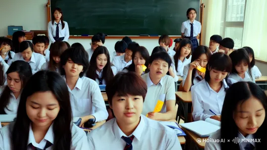 穿了校服的四十个同学坐在教室里听老师讲课，老师站在黑板面前，学生座位也面对着黑板，同学们有的在喝水，有的在做笔记，有的在讲小话，有的在偷吃辣条，有的[左移,上升]在发呆 by Hailuo AI Video Generator