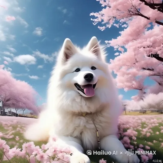 由远及近，微风，树枝摇晃，飘落花瓣，小狗从远处跑来 by Hailuo AI Video Generator
