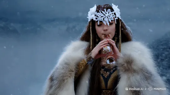 帕米尔高原暴风雪中，披着白狼裘的塔吉克女神凌空而立，冰晶在眉心花钿处凝结成雪莲形态。手中鹰笛吹奏时，每声音符化作发光的粟特文符咒，形成旋转的冰结界抵挡雪崩。发丝与雪花同步飘散运动，背景闪现玄奘取经驼队的历史投影，冰川折射出楼兰古城海市蜃楼 by Hailuo AI Video Generator