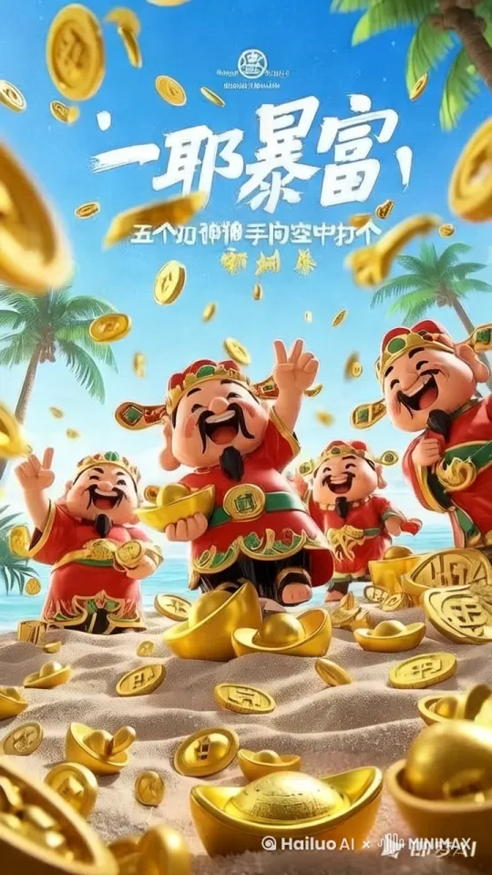 图中的财神跳起来，伸手向空中比出“耶”的手势。 by Hailuo AI Video Generator