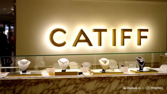 “CATIFF”六个英文字母的艺术字体，显示在门店上，背景灯光不要太黄了[左移,右摇,跟随]Catiff 是个法国高奢珠宝品牌，主要经营流行银饰金饰品以及各类珠宝为主，生成一个欧美风的门店到柜台展示，柜台有小的商品标签，全景室内写实展示，要求符合品牌调性，自然光室内，灯光不要暖色调，产品摆台不要以金色为主，不要太密集了，可以适当加一些玻璃柜台，以及展台增加大理石纹理做点缀 by Hailuo AI Video Generator