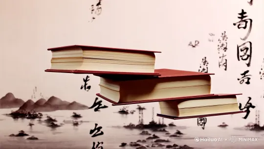以水墨画风格呈现，书籍在淡雅的墨色背景中缓缓飘动，书页似乎在水中轻轻摇曳。周围是飘洒的墨色字符，如同山水画中的流水，营造出一种宁静致远的氛围。镜头采用对称构图，增加画面的艺术感，8K电影级。 by Hailuo AI Video Generator