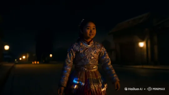一个穿着苗族服饰的年龄十八岁的美丽少女走在一个昏暗的街道上，身上的苗族银饰在夜里互相碰撞发出响声，忽然有一道闪电出现在她面前，在电光中一个通体燃烧着火焰的白色麒麟缓缓浮现，面对少女仰天咆哮，少女面现惊愕并缓缓后退，画面阴暗压抑 by Hailuo AI Video Generator