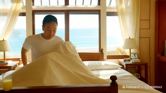 阳光散在海边别墅的床上，从梦中醒来穿着白色T恤，掀开被子坐起来喝一口床头小桌上的果汁 by Hailuo AI Video Generator
