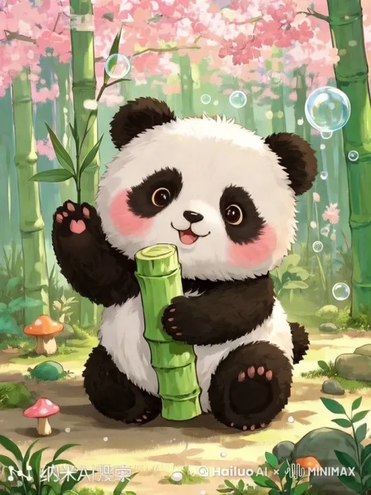 固定镜头，熊猫在认真的吃竹子，挥手打招呼 by Hailuo AI Video Generator