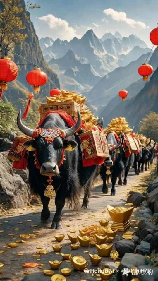真实摄影，超细节，16K 超清画质，镜头移动，高速摄影，清晰聚焦，水牛气势汹汹地冲向屏幕，背上装满金币的宝箱因剧烈晃动而使得金币不停掉落在地面，金币如雨点般坠落，光芒闪耀。水牛的眼神凶悍，肌肉紧绷，身上的装饰随风飘动。地面上的金币堆积越来越多，画面高清，不模糊，不变形，周围是空旷的原野，营造出紧张而震撼的氛围 by Hailuo AI Video Generator