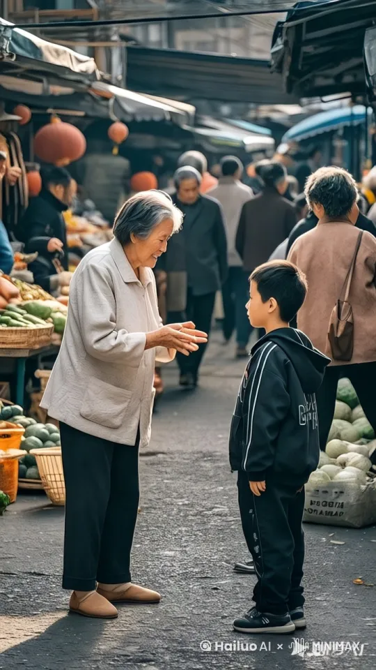 两个人在比武打斗，武侠级的打斗，老太太用太极拳攻打小男孩，小男孩用咏春格挡，动作刚劲有力，尘土飞扬，动作迅速，电影级别质感。[右移,左摇,跟随] by Hailuo AI Video Generator
