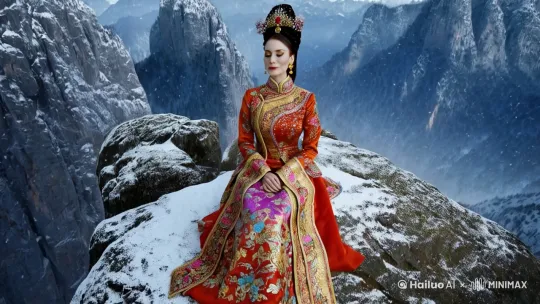 视频创作，主题要求是一个欧洲女子，穿着清朝宫廷装，[下降,上摇]坐在黄山山顶吃大葱，此时黄山正在下雪。[固定镜头] by Hailuo AI Video Generator