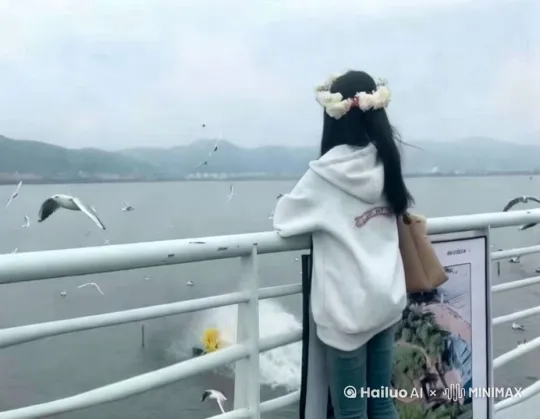 洱海旁，海鸥飞过来，女生喂海鸥 by Hailuo AI Video Generator