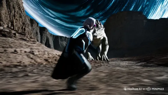 Low-angle view of a silver-haired cyborg warrior in advanced nanotech armor (glowing energy lines on shoulder pauldrons), walking through rocky wasteland under massive exoplanet (ionized gas layers visible), giant reptilian creature emerging from canyon cracks, dynamic motion blur with plasma blade trails, ultra-detailed textures (nanocrystal patterns on armor), 32K resolution with depth-of-field, cold metallic color palette (gunmetal black/dark silver), flickering holographic Ul on visor, swirling plasma energy shield, eerie subsonic vibrations transmitted through armor, cinematic lighting with sharp shadows, real-time fluid simulation for shield effects, macro details showing bioluminescent lichen on rocks, Baroque sci-fi architecture in distance, post-apocalyptic cybertheological atmosphere, optimized for 8K video output with Contr ↓ t Lineart+Depth control.
+[左移,上升][跟随,变焦推进,晃动] by Hailuo AI Video Generator