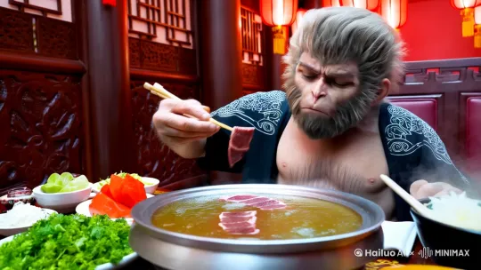 人物在中餐馆里，棉签有火锅，用筷子夹牛肉吃 by Hailuo AI Video Generator