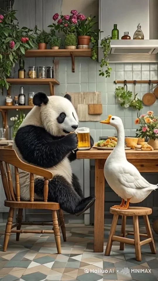 桌上有食物和瓶罐，熊猫坐在椅子上把手里的啤酒喂给站在木凳上的大鹅，大鹅喝完后就醉倒了并且从凳子上掉了下来。背景点缀着绿植花卉现代化，写实风格 by Hailuo AI Video Generator