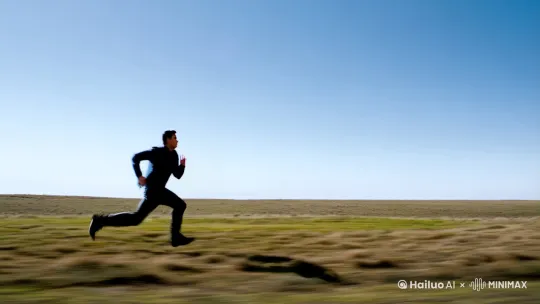 一个男人在晴空下跑步，突然天色巨变，狂风大作，一头巨龙出现在了空中，在空中飞来飞去。 by Hailuo AI Video Generator