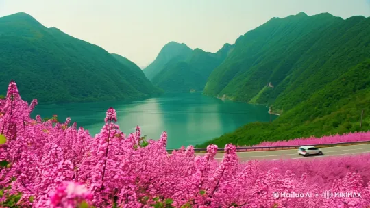一条公路,一段奇妙的旅程。它在青山绿水间延伸,宛如一条通往神秘世界的通道。公路两侧盛开的粉色花朵,如同少女羞涩的脸颊,与周围郁郁葱葱的绿色形成鲜明对比。车辆行驶在这条路上,就像一艘艘小船在花的海洋中航行。每一次转弯,都能邂逅不一样的春日美景,每一处风景,都在向人们诉说着春天的故事。踏上这条公路,开启一场与春天的浪漫邂逅。 by Hailuo AI Video Generator