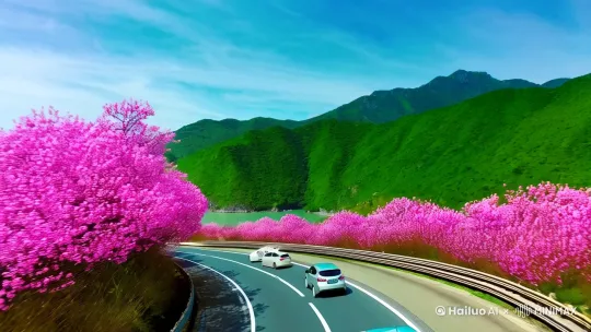 一条公路，一段奇妙的旅程。它在青山绿水间延伸，宛如一条通往神秘世界的通道。公路两侧盛开的粉色花朵，如同少女羞涩的脸颊，与周围郁郁葱葱的绿色形成鲜明对比。车辆行驶在这条路上，就像一艘艘小船在花的海洋中航行。每一次转弯，都能邂逅不一样的春日美景，每一处风景，都在向人们诉说着春天的故事。踏上这条公路，开启一场与春天的浪漫邂逅。 by Hailuo AI Video Generator