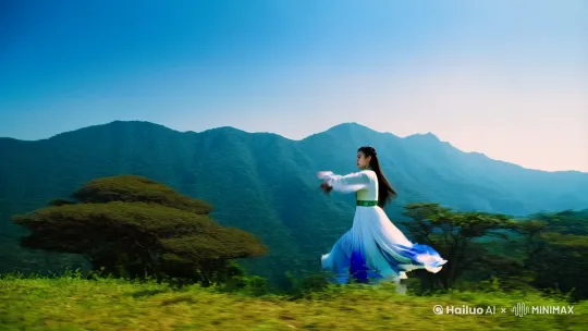 [左移,右摇,跟随]中景，御剑飞行。
[右移,左摇,跟随]运用移镜头，画面跟随小师妹的飞行轨迹，小师妹穿的是白色和青色相间的白裙，呈现她在蓝天白云间，身姿轻盈地御剑飞行，下方广东省东莞市旗峰山的镜头。时长 4 秒，画面以湛蓝天空与翠绿山川为主色调，呈现出清新自然的视觉效果。阳光直射，在小师妹身上形成明亮的轮廓光，凸显其飘逸灵动。[左移,上升]剑刃划破空气时，周围产生淡淡的白色光芒。[晃动]有剑刃划破空气的呼啸声。 by Hailuo AI Video Generator