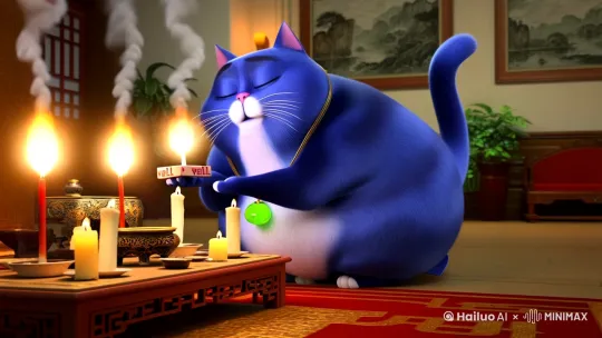 一只圆滚滚的蓝色胖猫格外引人注目。它脖子上挂着一块翠绿的玉牌,玉牌在烛光下泛着温润的光泽。猫咪跪坐在一个古色古香的香台前,香台上摆放着精致的香炉和几支点燃的香烛。
胖猫的前爪小心翼翼地捏着一支香烛,动作虽然有些笨拙,但神情却十分虔诚。它的眼睛微微闭起,嘴巴一张一合,不停地念叨着“来财来财来”。每念一次,它的胡须就跟着轻轻颤动,显得既可爱又滑稽。
香烛的烟雾袅袅升起,缭绕在猫咪周围,给它增添了一丝神秘感。背景是一间布置典雅的中式房间,墙上挂着几幅山水画,角落里还摆放着几盆绿植,整个场景充满了宁静祥和的氛围。
随着猫咪不停地跪拜和念叨,画面逐渐淡出,最后定格在它那充满期待的眼神上,仿佛在等待着好运的降临。整个视频既有趣又温馨,让人不禁会心一笑。 by Hailuo AI Video Generator