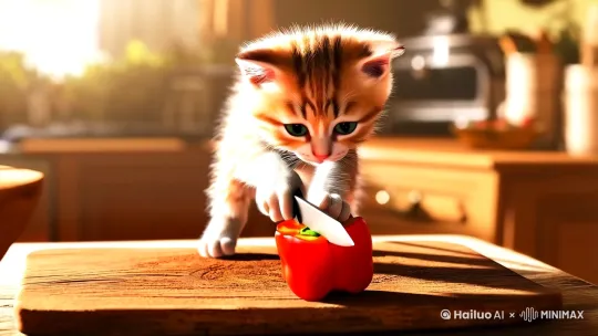 小猫在菜板上切菜 by Hailuo AI Video Generator