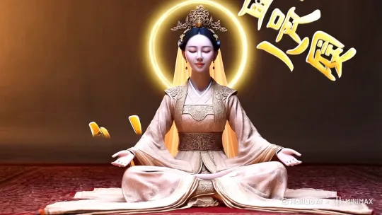 一个古装绝世美女在打坐，身后的光轮慢慢的在转动，身体周围若隐若现的有符文在闪烁，符文写着“聂驰暴富”，中国水墨风格 by Hailuo AI Video Generator
